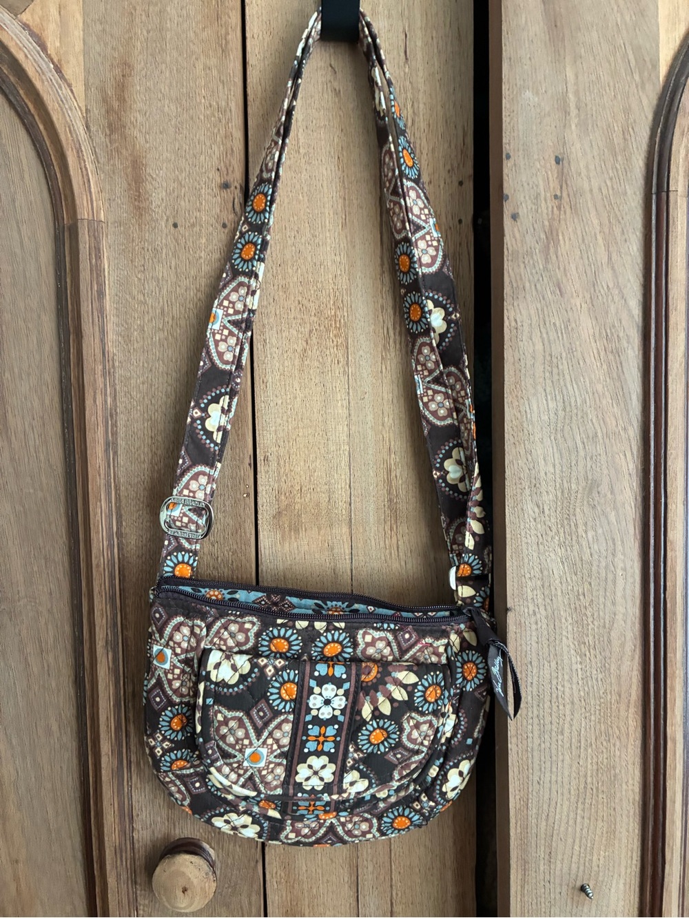 Vera Bradley Brown Floral Quilted Crossbody with Orange & Cream Accents